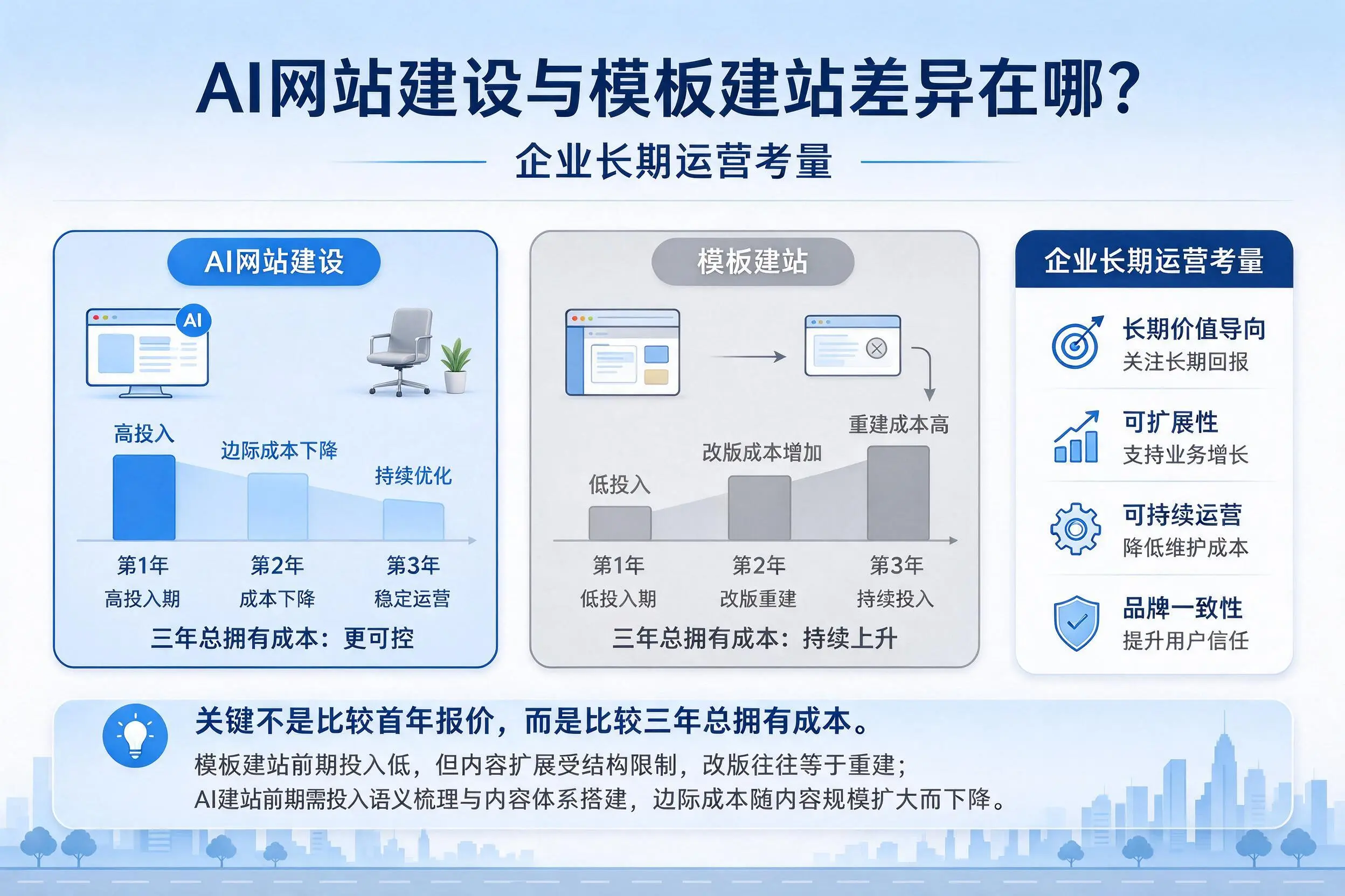 AI网站建设与模板建站差异在哪?大同企业长期运营考量